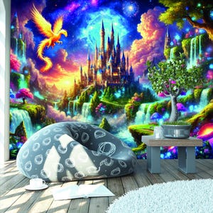 Carta da parati murale staccabile e adesiva con castello magico, carta da parati tradizionale con arcobaleno fantasy, arte murale con foresta incantata, decorazione per la stanza dei bambini, carta da parati fantasy