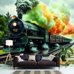 May include: A dark green steam train, number 1218, emitting vibrant smoke in green, orange, and yellow. The train travels along tracks, with a sofa and lamp in the foreground. The scene evokes a sense of travel and adventure.
