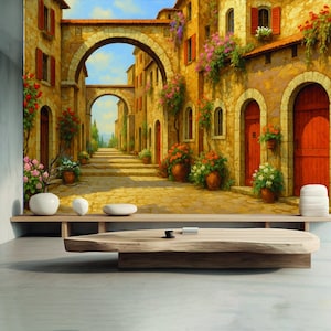 Mediterranean Village Mural: Rustic Stone Architecture Peel and Stick Wallpaper