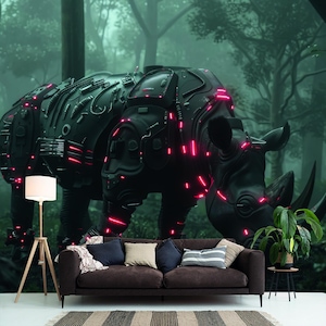 Cyberpunk Nashorn Tapete Sci-Fi Wald Wandbild Gaming Zimmer Dekor Futuristische Tierwandkunst Steampunk Wandbild Neon Vliestapete