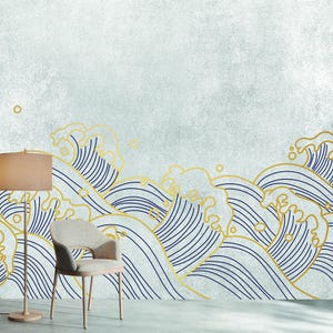 Elegante carta da parati con motivo a onde, murale giapponese con onde, stacca e attacca, carta da parati moderna colorata, murale contemporaneo, decorazione da parete asiatica