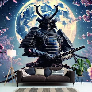 Samurai Moon Wall Mural Japanese Warrior Traditional Wallpaper Asian home decor Removable wallpaper Fantasy wall art Urban wallpaper