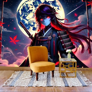 Japanese Anime Samurai Wall Mural Gaming Room Decor Warrior wallpaper Moon Wall Art Fantasy Traditional Wallpaper Color Wallpaper Print