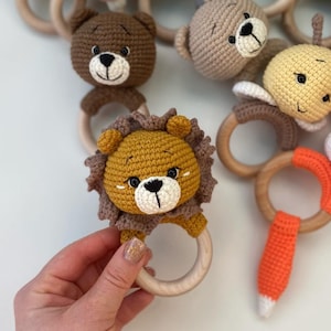 Handmade Wooden & Crochet Animal Baby Rattles - Eco-Friendly Sensory Toys for Newborns Baby animal rattle Newborn gift Baby first toy