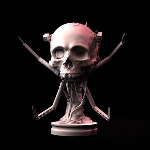May include: A white, detailed, skull sculpture with mechanical arms and a base. The skull has a pink hue and appears to be made of plastic.