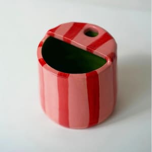 Handmade Ceramic Travel Tumbler: Striped Pink & Red Pottery Mug