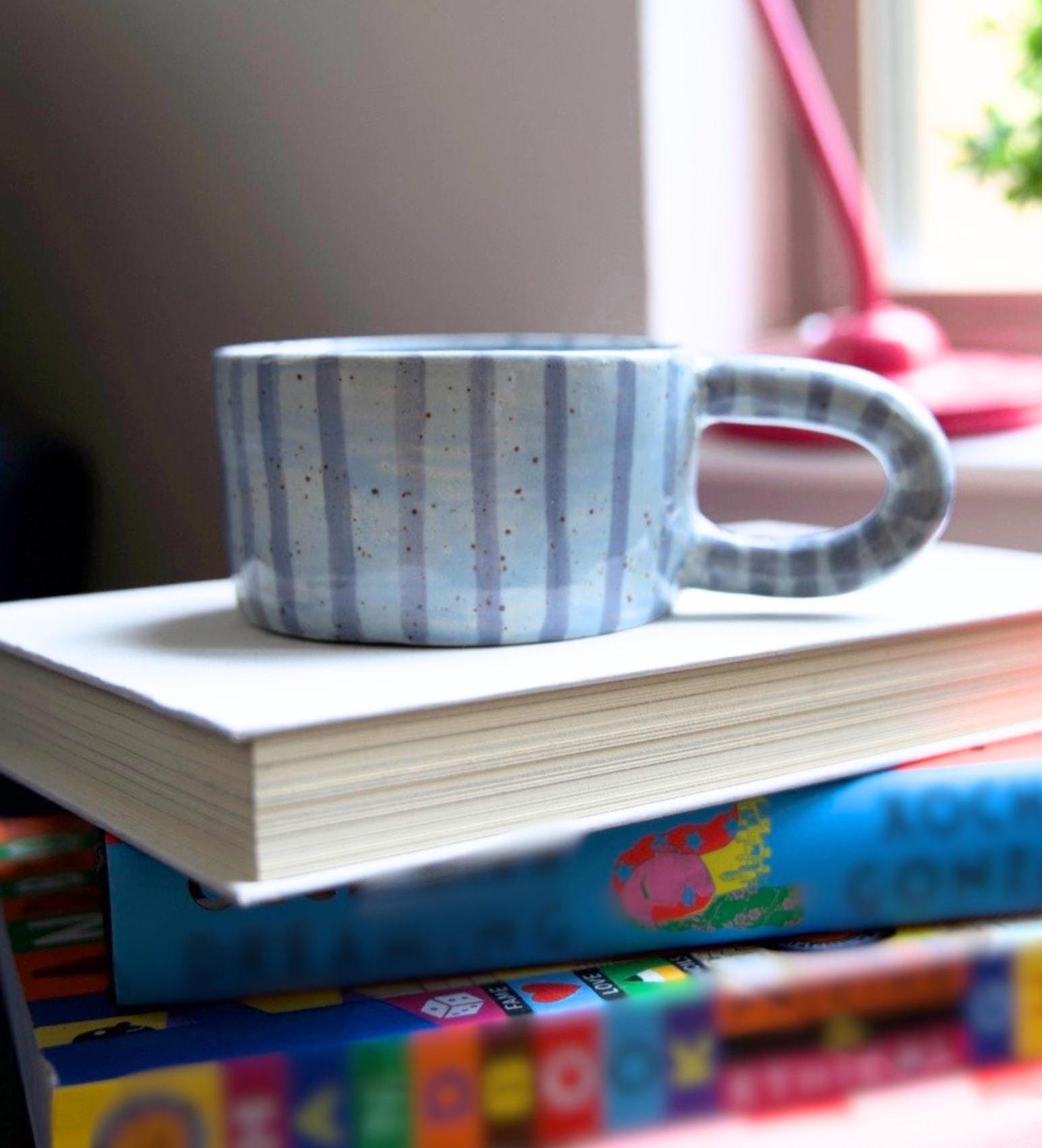 Handmade Periwinkle Striped Mug: Personalized Ceramic Coffee Cup
