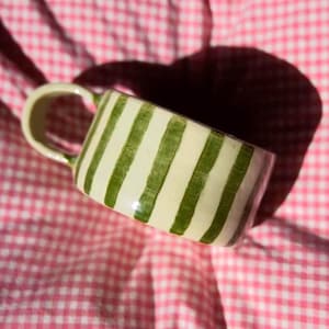 Handmade Green Striped Ceramic Mug: Whimsical Green Mugs