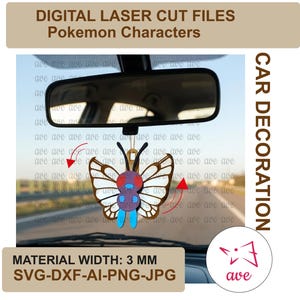 Puede incluir: Archivos digitales de corte láser para una decoración de coche con forma de mariposa que muestra un personaje morado y azul con grandes alas blancas. El texto dice DIGITAL LASER CUT FILES Pokemon Characters, CAR DECORATION y MATERIAL WIDTH: 3 MM.