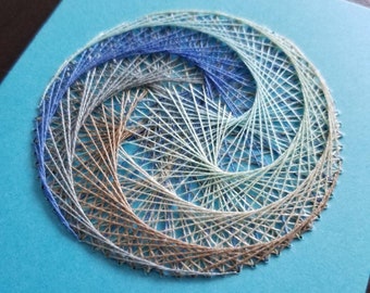 Blue Gray Spiral Hand Embroidered Geometric Mandala on Cardstock - 4" x 6" String Art