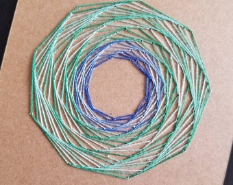 Emerald Green and Sapphire Blue Hand Embroidered Geometric Mandala on Cardstock - 4" x 6" String Art