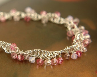 Everything Is Coming Up Roses - Sterling Silver Spiral Chainmaille Bracelet With Pink Swarovski Crystals