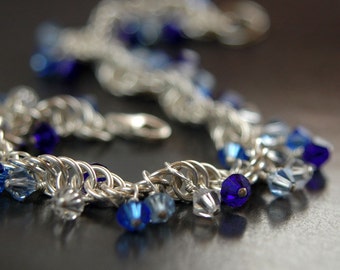 Delft Blue - Swarovski Crystal Sterling Silver Spiral Chain  Chainmaille Bracelet