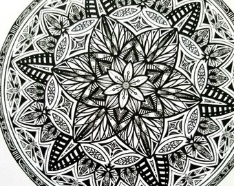 Black and White Kaleidoscope Mandala Coloring Page - Printable PDF & JPEG