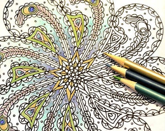 Own Your Beauty - Peacock Feather Paisley Mandala Coloring Page - Instant Digital Download PDF