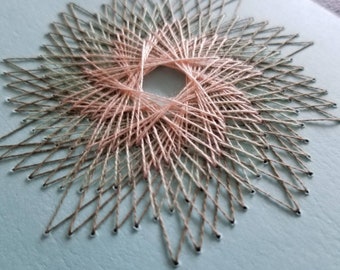 Pink and Pewter Gray Starburst Geometric Mandala on Light Blue Cardstock - 4" x 6" String Art