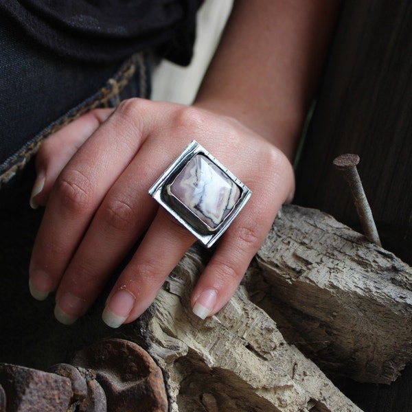 Statement Ring, Sterling Silver, Porcelin Jasper, Square Stone, big cocktail ring