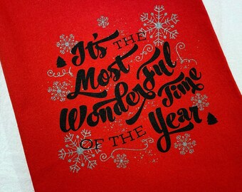 Red Christmas Tea Towel, Gift for Her, Christmas Gift, Holiday Tea Towel, Holiday Decor, Its the Most Wonderful Time of the Year, Exclusive