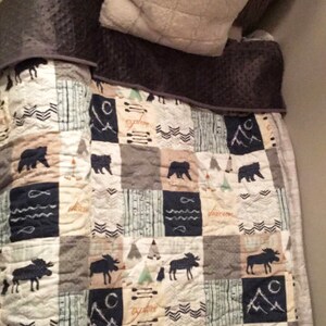 Organic Fabric, Woodland Cheater Quilt Fabric, Moose, Bear, Fish, Boy, Modern Patchwork, Tee Pee Fabric, Rustic, 1 YARD, Exclusive Design image 7