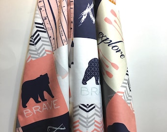 Organic Fabric, Girl Woodland, Cheater Quilt, Patchwork Fabric, Moose Fabric, Bear Fabric, Tee Pee, Modern, Rustic, Exclusive Design, 1 yard