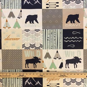 Organic Fabric, Woodland Cheater Quilt Fabric, Moose, Bear, Fish, Boy, Modern Patchwork, Tee Pee Fabric, Rustic, 1 YARD, Exclusive Design image 3