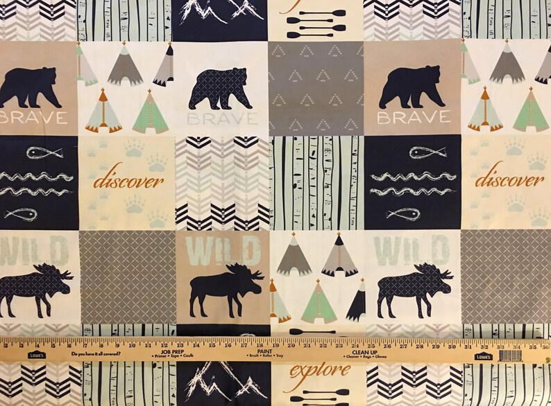 Organic Fabric, Woodland Cheater Quilt Fabric, Moose, Bear, Fish, Boy, Modern Patchwork, Tee Pee Fabric, Rustic, 1 YARD, Exclusive Design image 3