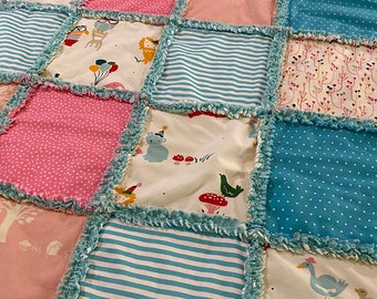 Baby Animals Blanket, Baby Girl Rag Quilt, Turquoise, Pink, Ivory, Blue, Modern, Floral, Flannel Back, Toddler Size, FREE Shipping