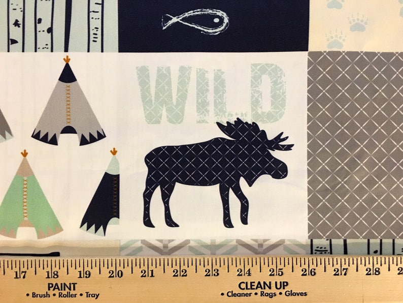 Organic Fabric, Woodland Cheater Quilt Fabric, Moose, Bear, Fish, Boy, Modern Patchwork, Tee Pee Fabric, Rustic, 1 YARD, Exclusive Design image 4