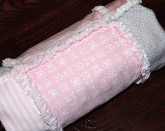 Organic Baby Girl Rag Quilt Blanket, Farm Animals, Pink, Gray Rag Quilt, Sheep, Cat, Dog, Horse, Pig, Goat, OOAK Exclusive, FREE Shipping
