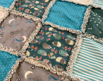 Baby Boy Rag Quilt, Organic Blanket, Hedgehogs, Turquoise, Blue, Grey, Gray, White, Moon, Stars, 35x35, Ready to Ship, FREE Shipping