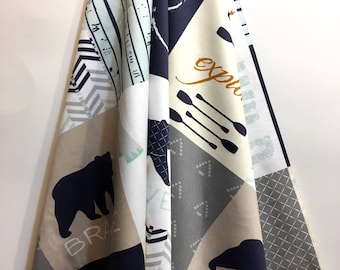 Organic Fabric, Woodland Cheater Quilt Fabric, Moose, Bear, Fish, Boy, Modern Patchwork, Tee Pee Fabric, Rustic, 1 YARD, Exclusive Design