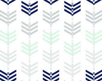 Organic Arrow Fabric, Baby Boy Fabric, Quills, Organic, Modern, Navy, Gray, Grey, Mint, Cotton, Sateen, Designer, Exclusive Design, 1 yard