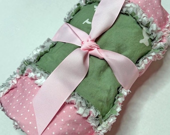 Organic, Pink, Grey, Sage, Gray, Baby Girl, Rag Quilt, Blanket, Modern, Farm, Animals, Ivory, Flannel Back, Toddler Size, FREE Shipping
