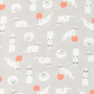 May include: A repeating pattern of white cartoon cats in various poses, some with orange balls, on a light gray background. The cats are drawn with simple lines and have small black whiskers and smiling faces. The overall design is playful and whimsical.