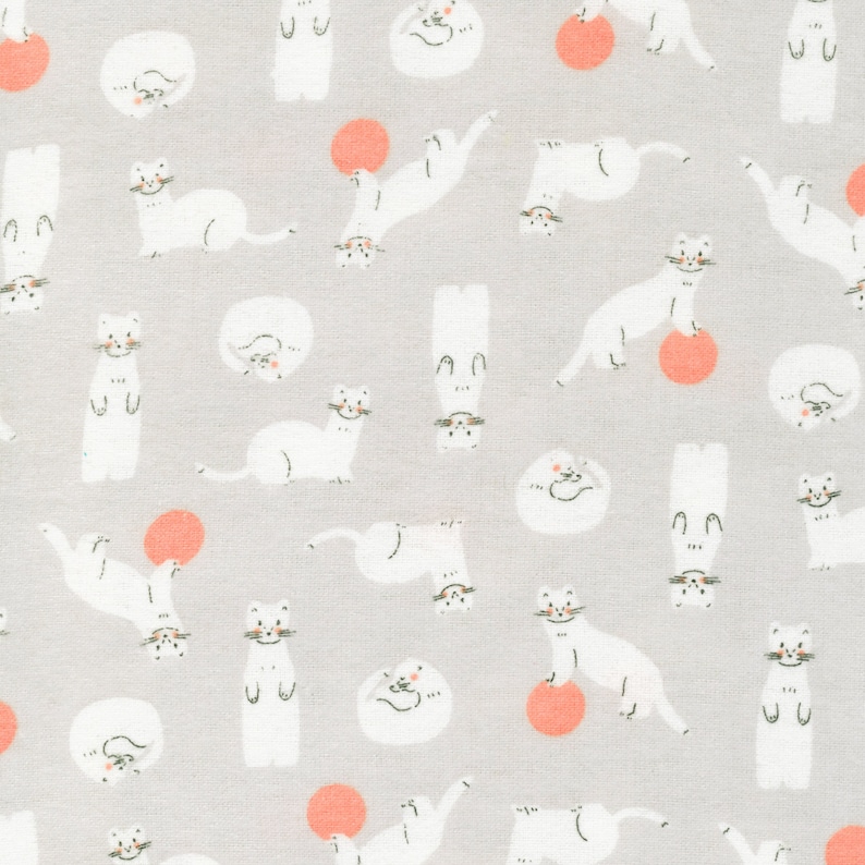 May include: A repeating pattern of white cartoon cats in various poses, some with orange balls, on a light gray background. The cats are drawn with simple lines and have small black whiskers and smiling faces. The overall design is playful and whimsical.