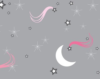Moon Fabric, Starry Night, Organic Cotton, Sateen Fabric, Mod Farm, Grey, Pink, Custom Colors Available, Exclusive Design, 1 yard