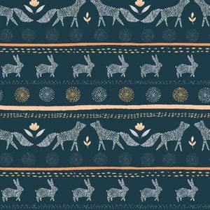 Stay Wild Fabric, Unisex Woodland Fabric, Navy, Blue, Orange, Eclipse, Baby, Fox, Rabbit, Bunny, Fabric, Modern, Rustic, Choose Your Cut