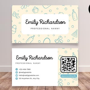 Modèle de carte de visite modifiable avec code QR minimaliste, carte de visite élégante, carte de visite recto-verso moderne, nounou, baby-sitter, Canva