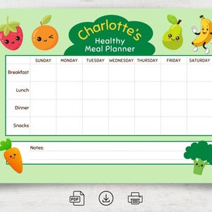Planificador de comidas para niños, colorido, lindo, divertido e ilustrado. Planificación de comidas para niños. Inicio: domingo y lunes. Tamaño carta A4. Imprimible. Descarga instantánea.