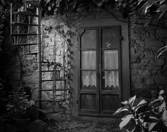 The Back Stair Fine Art Photography Black and White Italy Montefioralle Tuscany Dreamy Romantic Spiral stairway mysterious dark fantasy art