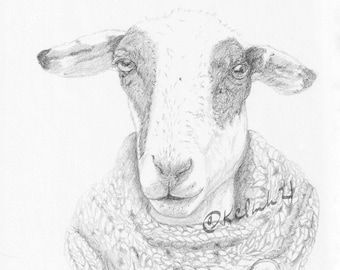 Barn Yarns #2 graphite print goat in a knitted cowl studio art knitting love animal art quirky humor smile knitwear fiber queen unique art