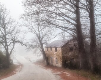 Lange's Mill Dream Fine Art Photography Soft foggy romatic landscape historic stone mill Texas hill country feminine home decor misty road