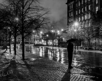 Rainy Glasgow 24x16 Black and White city scene Scotland night urban dark misty dreamy noir cold wet winter