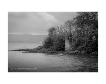 Ruin Fine Art Photography Black and white Scottish landscape abandoned castle Romantic Dreamy Outlander inspired Isle of Bute seaside stone