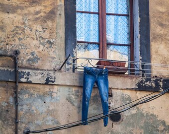 Favorite Jeans Fine Art Photography Italy Tuscany Siena Urban laundry line old world quirky washing blue jeans faded Italian life highrise