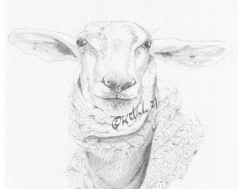 Barn Yarns #1 Graphite drawing print Sheep in a cowl knitting love studio decor wooly wonder whimsical sheep stylish knitwear quirky unique