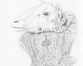 Barn Yarns #3 graphite print Sheep in a cowl knitting art studio decor quirky humor smile wooly knitwear drawing print cottagecore cozy lamb