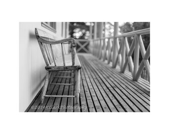 Front Porch Fine Art Photography Black and White Scottish Lodge Rustic simple Home Decor Large Wall Art Peaceful Wooden bench cottage rural