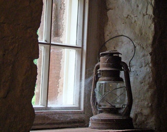 A light in the window Fine art Photography rustic country farm mill lantern light stone vintage historial waiting