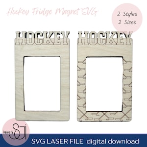May include: Two wooden hockey-themed fridge magnet frames. The frames are in two styles, one with a plain border and the other with a hockey stick pattern. Both frames have the word "HOCKEY" at the top.